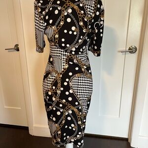 Black & Gold Chain-Print Midi Sheath Dress - Elegant Midi for Women